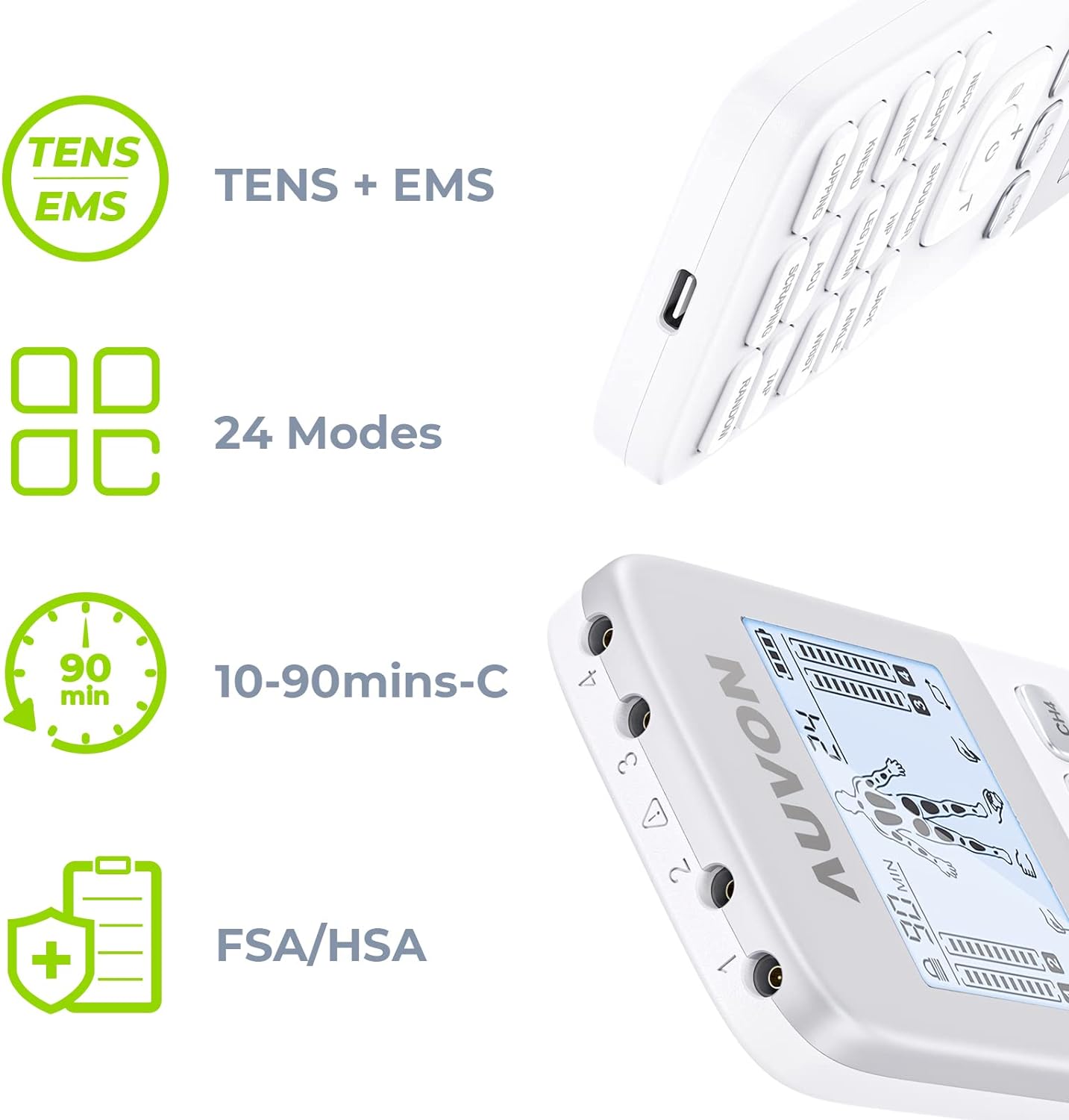 4 Outputs H1 TENS Unit 24 Modes Muscle Stimulator for Pain Relief, Rechargeable TENS EMS Machine with Easy-To-Select Button Design, 2X Battery Life, Dust-Proof Bag and 8 Electrode Pads