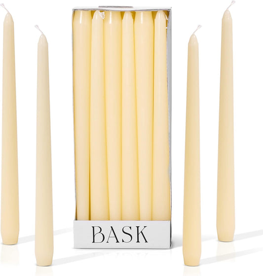10-Inch Taper Candles - Unscented and Dripless - Burns for 8 Hours - Home Decor for Dinner Table, Kitchen, and Bedroom - Perfect for a Romantic Date or Anniversary - 12-Pack - Ivory
