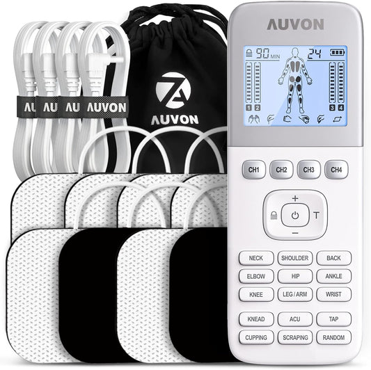 4 Outputs H1 TENS Unit 24 Modes Muscle Stimulator for Pain Relief, Rechargeable TENS EMS Machine with Easy-To-Select Button Design, 2X Battery Life, Dust-Proof Bag and 8 Electrode Pads